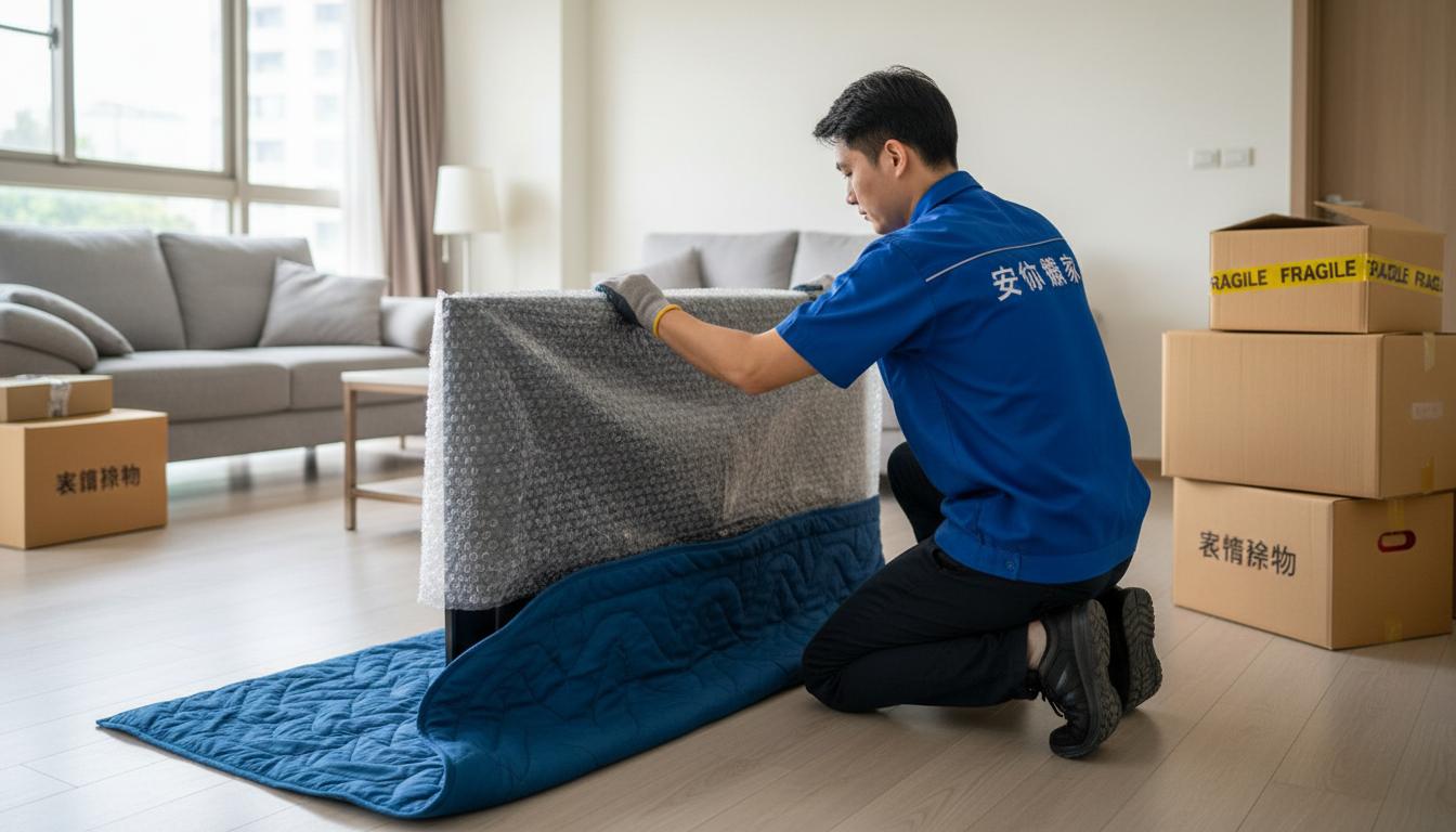 搬家師傅以毛毯與氣泡布包覆易碎與貴重物品，確保搬運過程的防護
