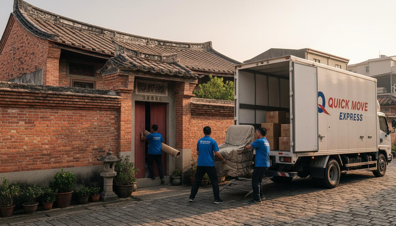 南區傳統三合院搬家，師傅從狹窄門框搬運防護包裹的家具
