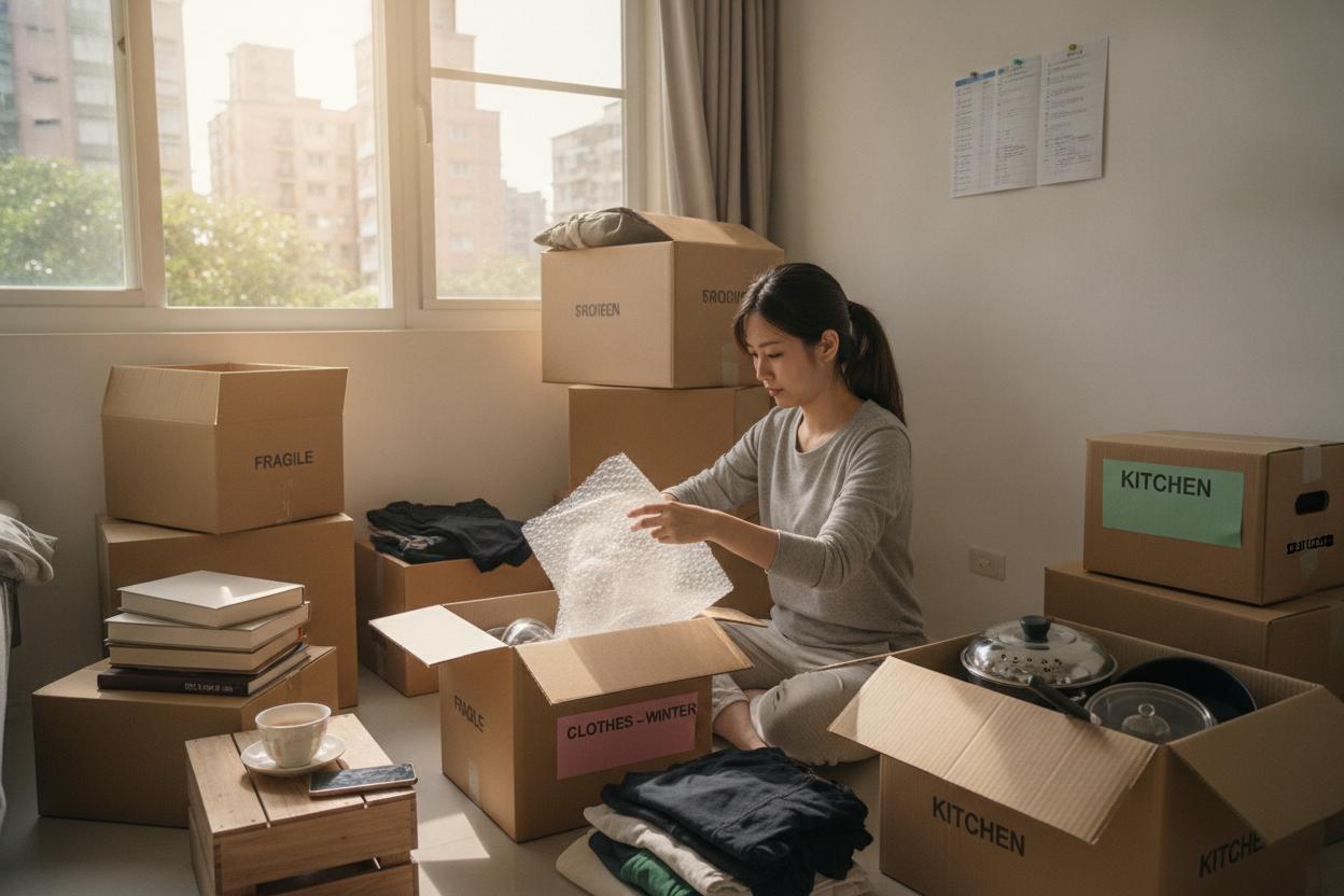 租屋族在套房內將個人物品分類打包裝箱，準備退租搬家