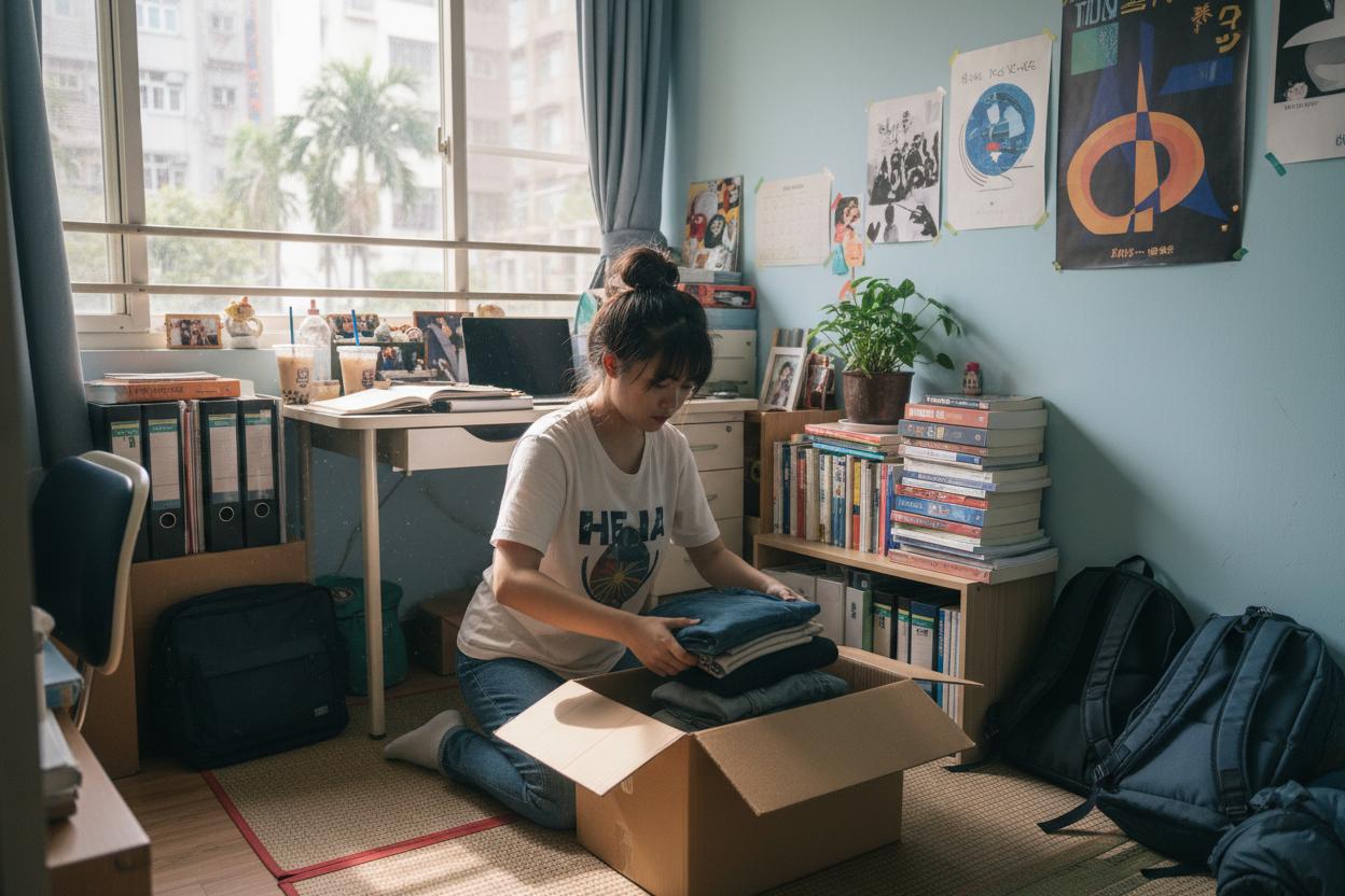 學生在租屋房間內整理打包物品