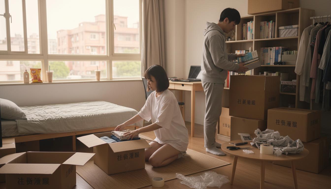 台南學生區的搬家場景，搬家師傅協助學生搬運物品