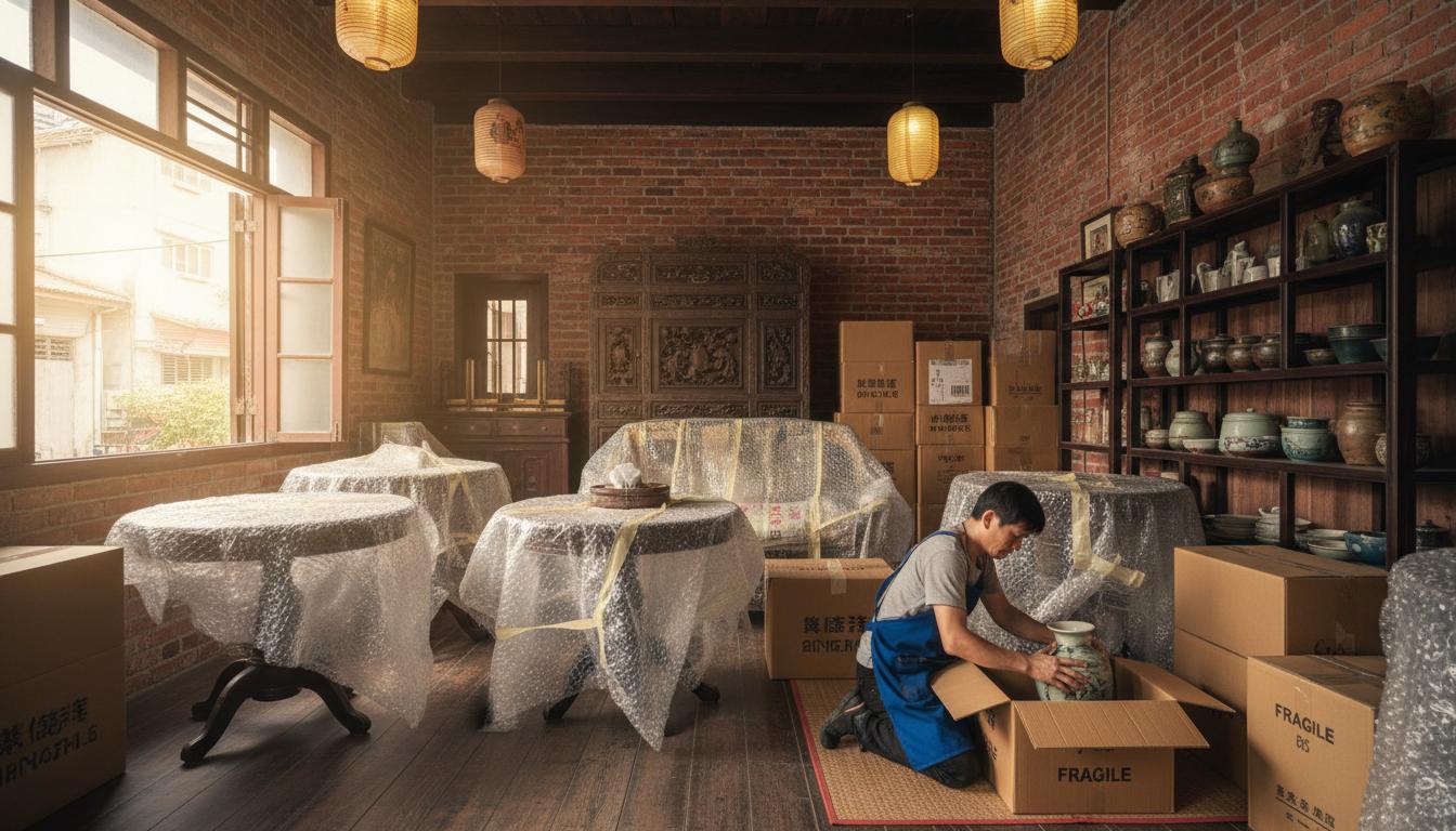 中西區傳統老屋內部,師傅正在小心包裝古董家具